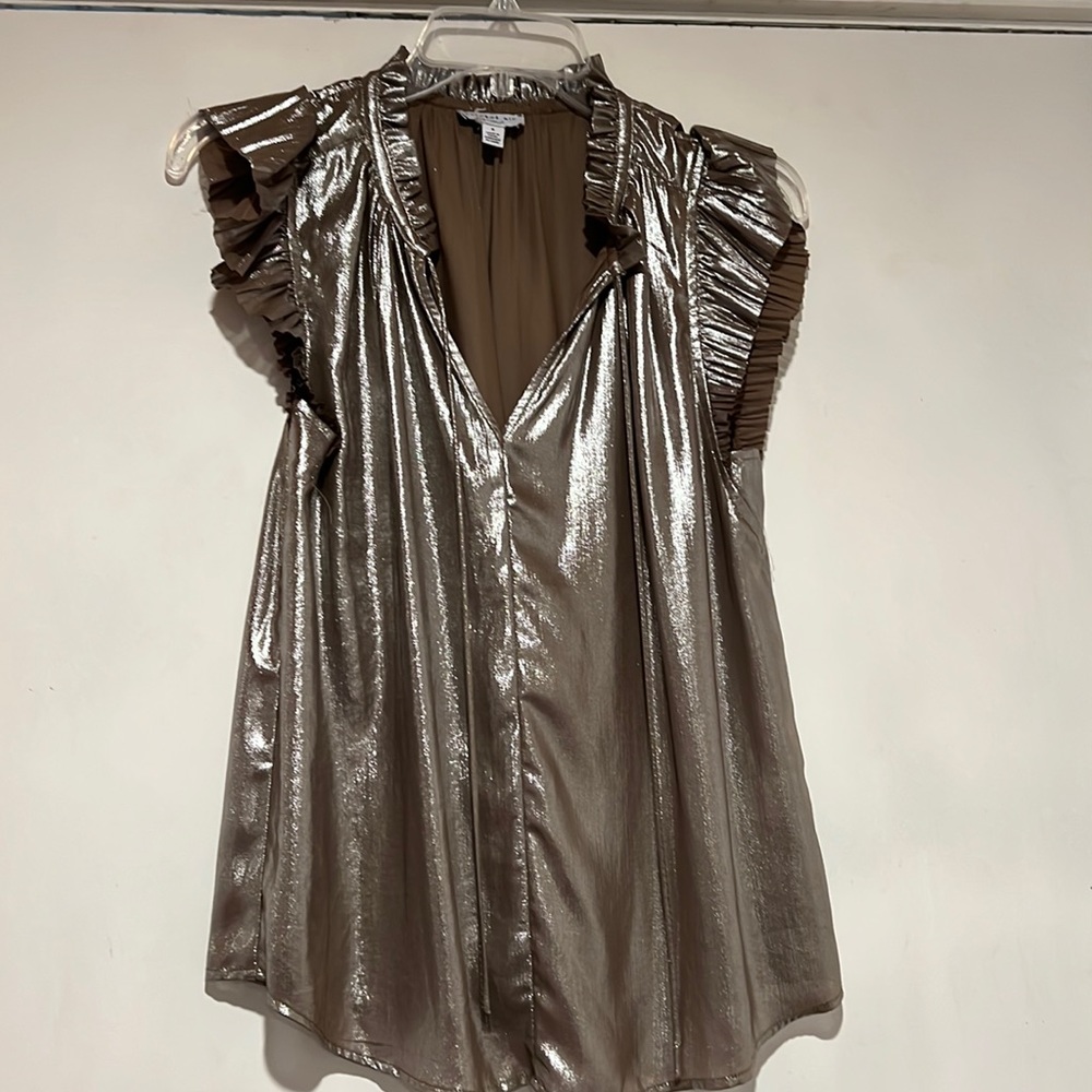 Metallic blouse with ruffle cap sleeve